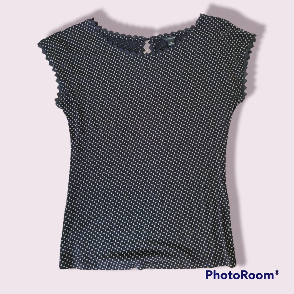 Ann Taylor XS Black Blouse with Tan Polka-Dots
